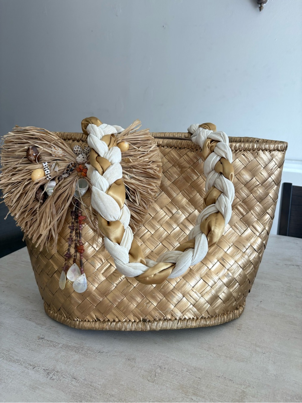 Gold Braided Handle Straw Tote Bag - Unbranded